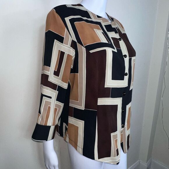 Kathy Che Vintage Polyester Earthtone Geometric Print Blouse - Picture 4 of 10